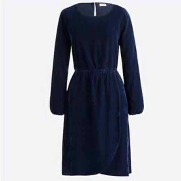 Velvet Faux Wrap Dress Navy Blue Vintage J Crew Tulip Hem Long Sleeve Midi Sz 14 - Picture 1 of 9